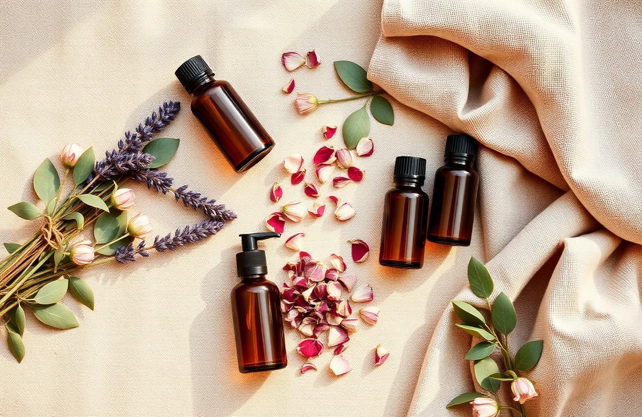 Amber bottles of essential oils with lavender, eucalyptus and dried rose petals on natural linen in warm golden light