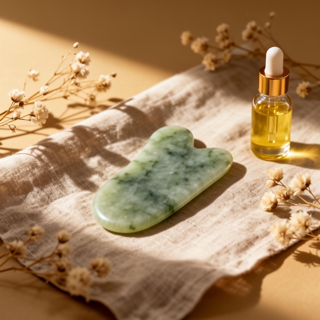 A jade gua sha stone resting on linen cloth with facial oil and dried botanicals in warm golden light