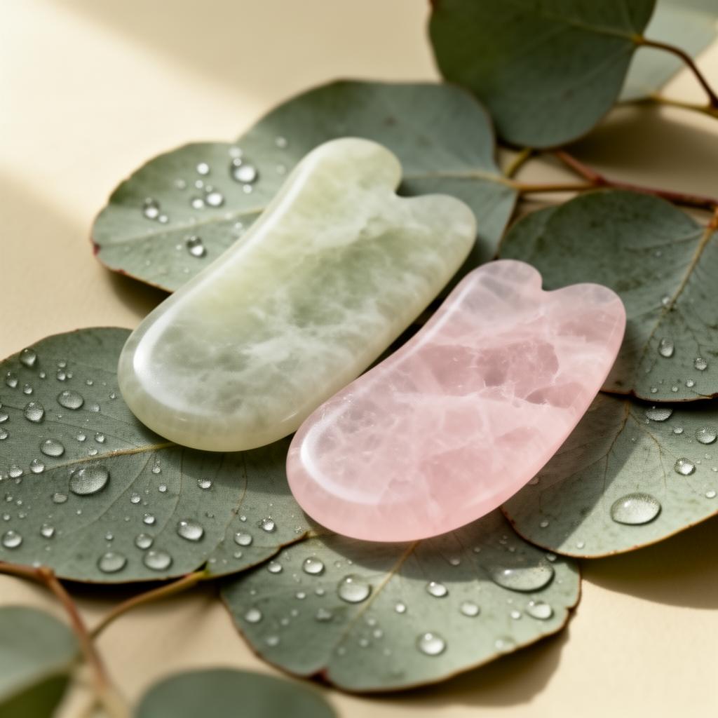 Jade and rose quartz gua sha stones resting on fresh eucalyptus leaves with morning dew