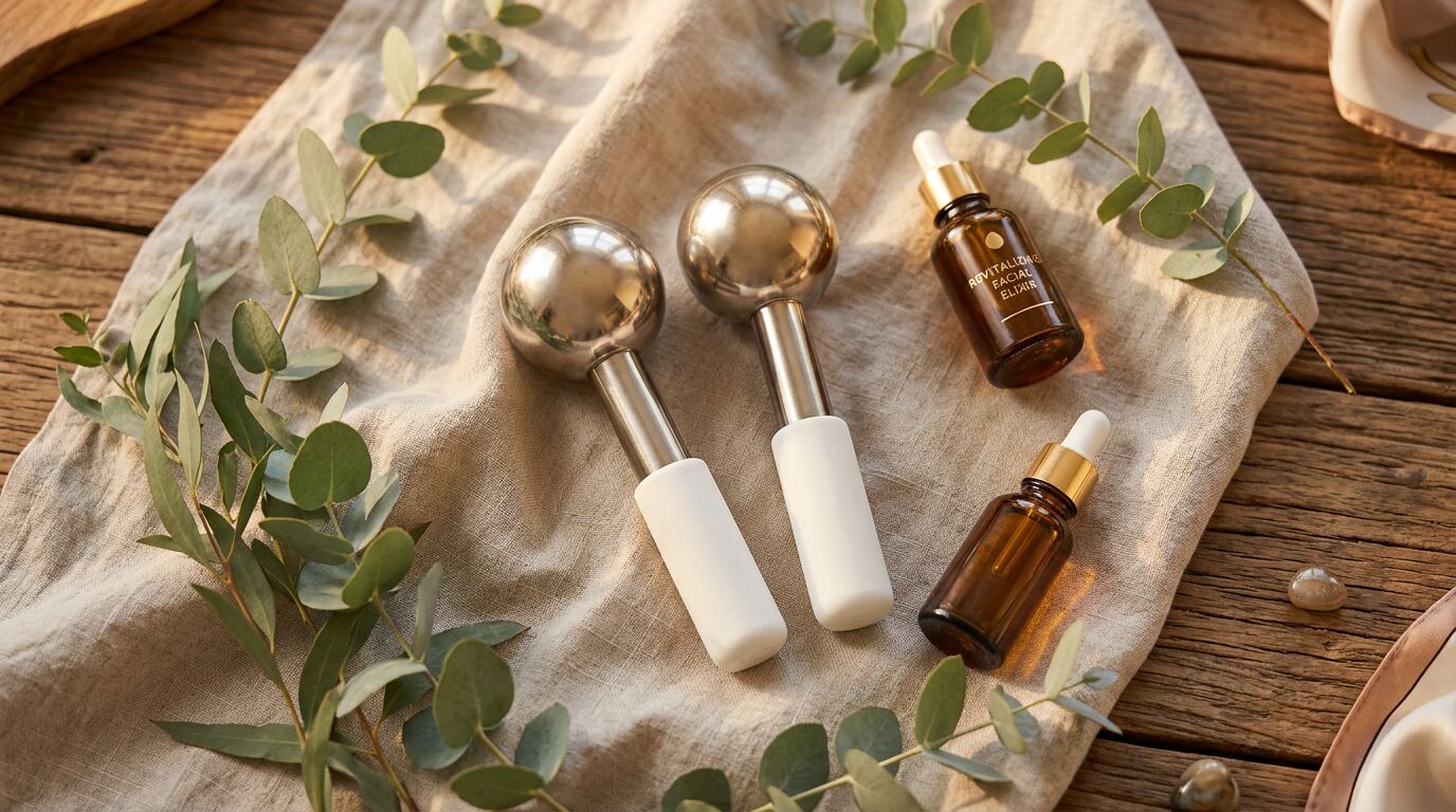 Frosted ice globes resting on linen cloth with eucalyptus and facial oil on a rustic wooden table in warm golden light