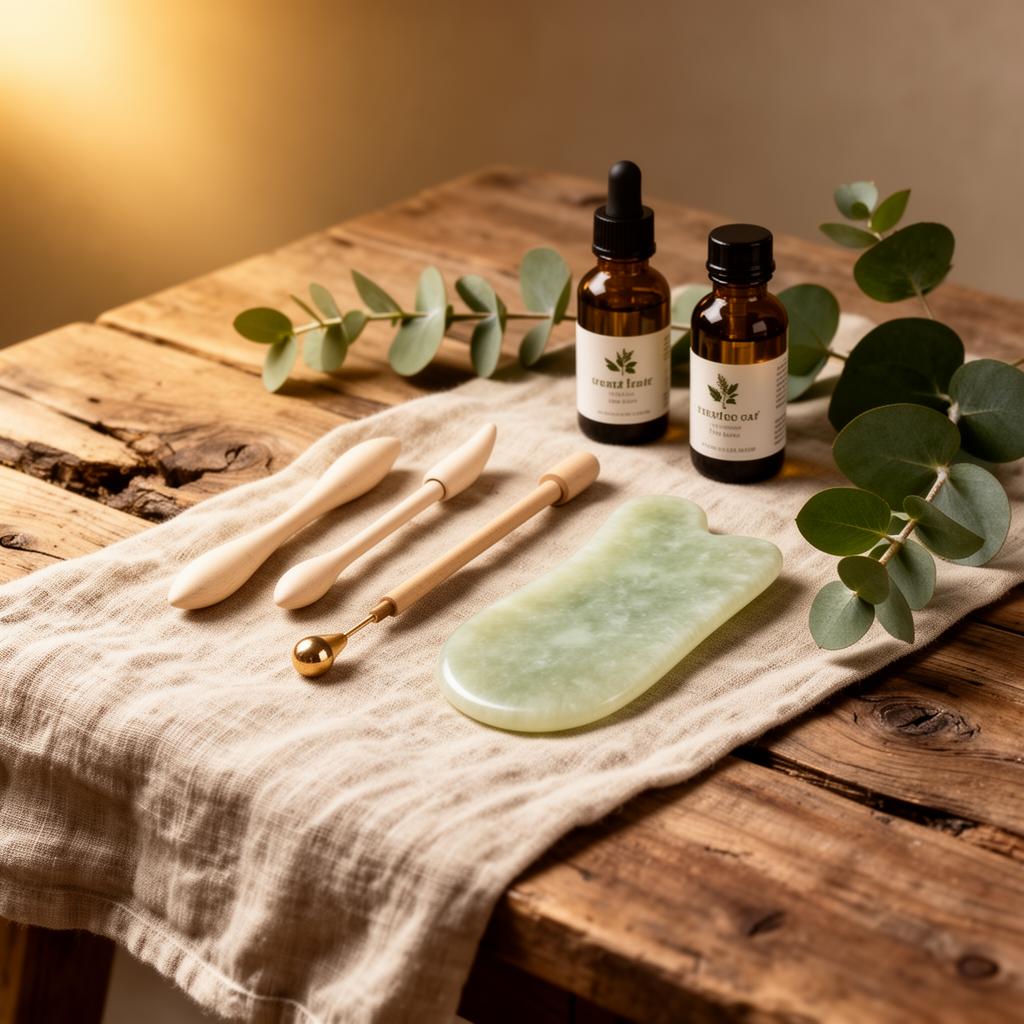 Lymphatic drainage tools and botanical oils arranged on natural linen with eucalyptus in warm golden light