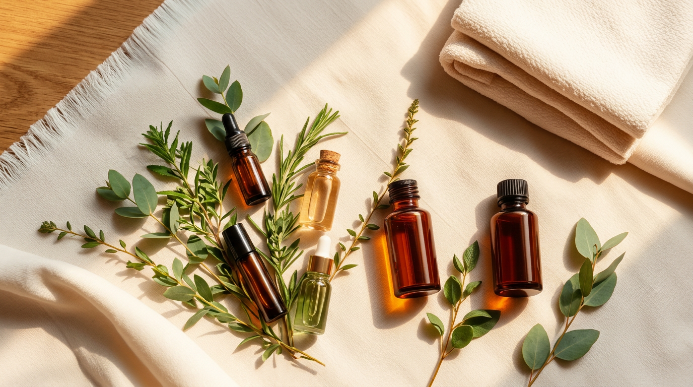 Myofascial release tools and botanical oils arranged on natural linen in warm golden light