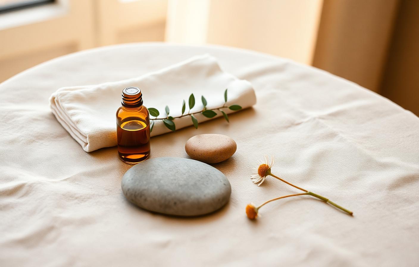 A folded warm cloth, amber bottle of facial oil, smooth stones and a chamomile flower on natural linen in soft golden light