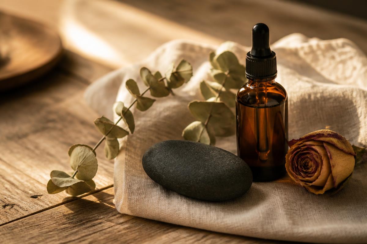 A smooth river stone, plain amber oil bottle, dried eucalyptus and rose on natural linen in warm golden light