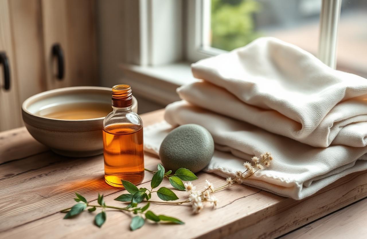 A ceramic bowl, folded linen, amber facial oil, botanicals and a moss green facial stone arranged in soft morning light